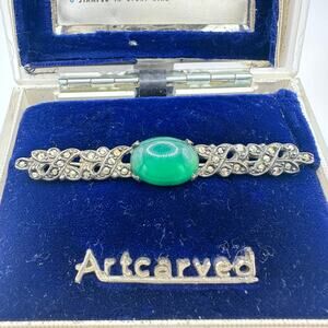 Antique Art Deco sterling silver genuine chrysoprase marcasite bar pin brooch